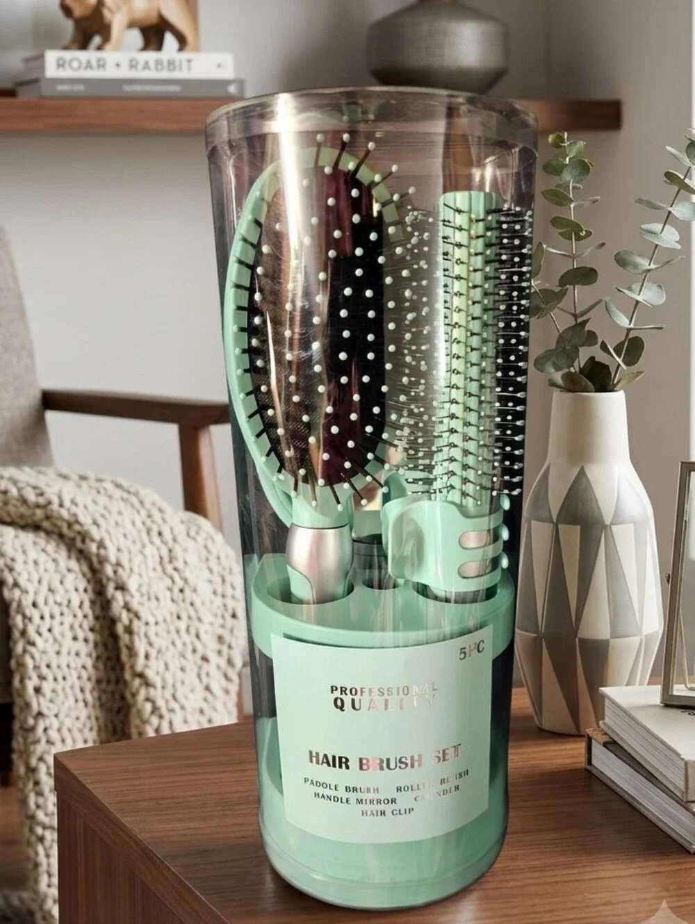 Professional Quality 5-Piece Hair Gift Set Mint Green Brush Mirror Clip NWT